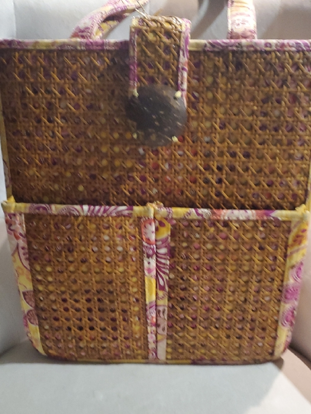 Vera Bradley Woven Rattan Tote with Pink & Yellow Paisley Trim - Picture 4 of 16